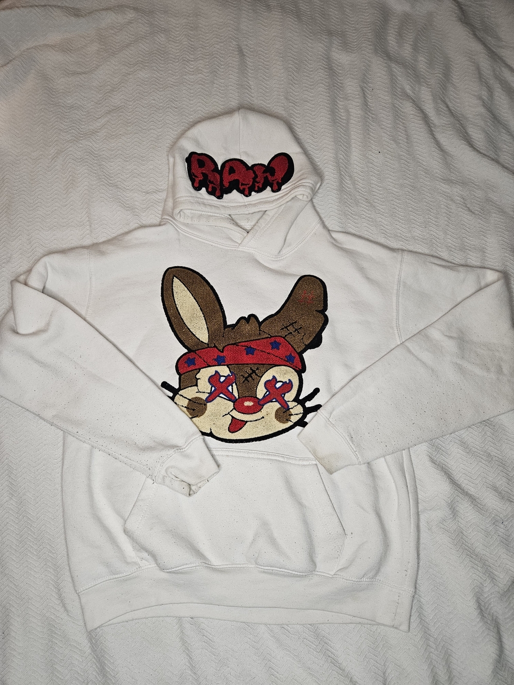 White Kids Pullover Hoodie with Bunny Graphic RAW XL
